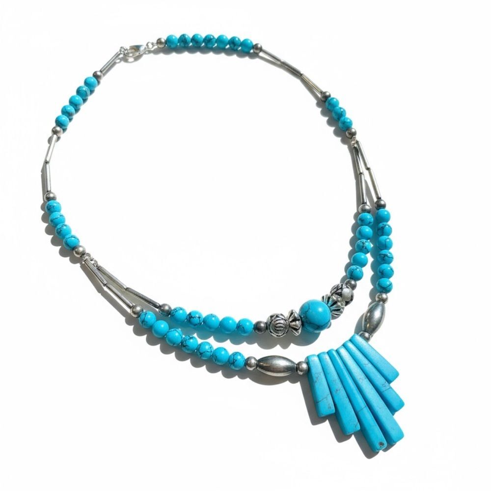 Southwestern Double Strand Turquoise Bead Necklace Tribal Boho Vintage